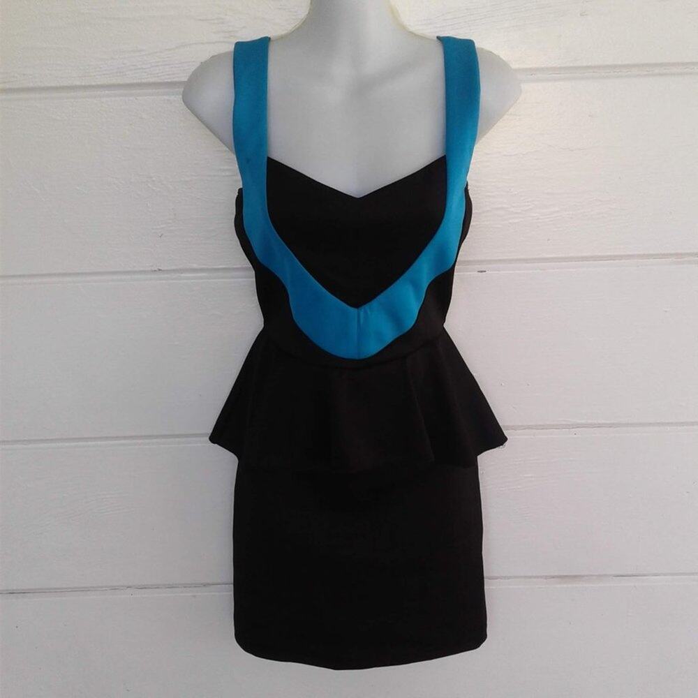 O-Sher Women's Black Blue Peplum Dress Bodycon Stretch Party Size Small